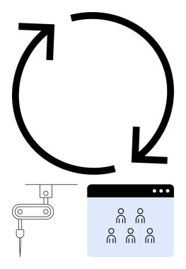 Geniş dairesel ok işlem döngülerini, robotik otomasyon kolunu ve bağlı kullanıcı arayüzünü gösteriyor. Takım çalışması, yapay zeka sistemleri, otomasyon, dijital iş akışı, işlem yinelemesi için ideal