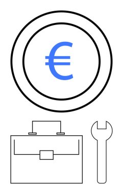 Merkezi para birimi sembollü Euro sikkesi, geometrik çanta ve İngiliz anahtarı. Finansal büyüme, iş araçları, ekonomik kavramlar, iş çözümleri, kurumsal kaynaklar, sanayi soyut çizgisi için ideal