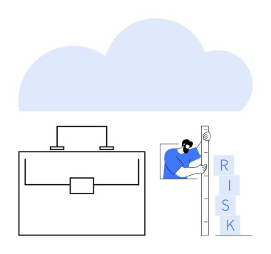 Evrak çantası ve bulut temsil eden iş araçları. Yönetim stratejilerini değerlendirmek için işaretlenmiş engelleri ölçen adam. Finans, analitik, karar verme, teknoloji, sürdürülebilirlik için ideal