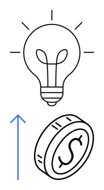 Ampul ve dolar bozuk para yukarı doğru mavi okla bağlandı. Yenilik için ideal, finansal başarı, girişimcilik, büyüme, yaratıcı çözümler, yatırımlar, ekonomik ilerleme. Soyut satır düzlüğü