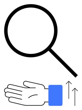Yukarı doğru oklu açık bir elin üstündeki büyüteç. Büyüme, keşif, analiz, destek, yardım, gelişme ve başarı için ideal. Satır metaforu