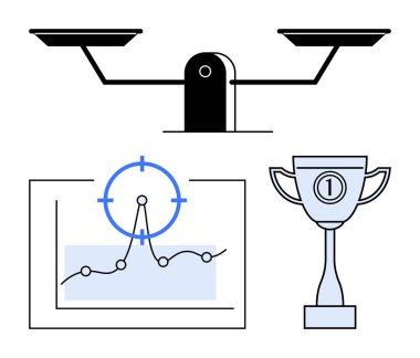 Denge ölçeği, başarı ödülü ve hedef denge, başarı ve hassasiyetle grafikler. Hedefler, başarı, rekabet, denge stratejisi planlaması için ideal soyut çizgi