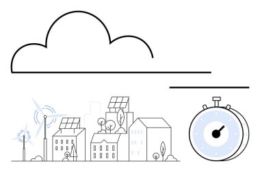 Güneş panelleri, rüzgar türbinleri, ağaçlar ve kronometresi ile yenilenebilir enerji ve zaman yönetimini vurgulayan minimalist bir şehir. Sürdürülebilirlik, yeşil enerji, kentsel kalkınma, zaman verimliliği için ideal