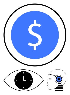 Dolar işaretli mavi daire, göz şeklindeki saat, teçhizatlı baş silueti. Finans, zaman yönetimi, verimlilik, yaratıcılık, yenilik, teknoloji entegrasyonu soyut çizgisi düz metafor için ideal