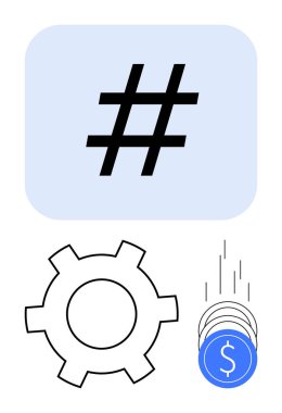 Mavi karenin içindeki üst veri etiketi, ana hatları, dolar sembollü bozuk paralar. Sosyal medya, dijital pazarlama, teknoloji, finans, otomasyon, çevrimiçi eğilimler ve iş stratejileri için ideal