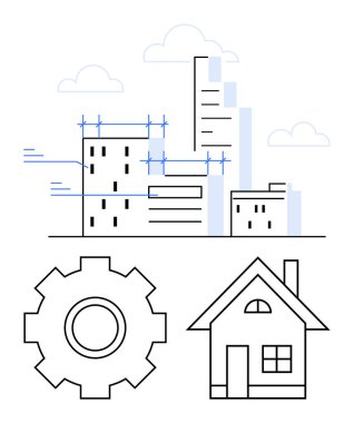 Şehir silueti ayrıntılı planlar, vites sembolü ve yapı, mimari, planlama ve geliştirmeyi öneren ev ikonu. Kentselcilik, tasarım, emlak yenilikleri için ideal mühendislik.