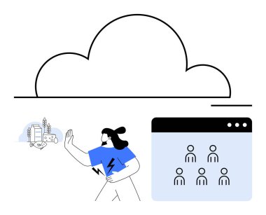 Kadın bulut bilgisayarı, sürdürülebilirlik simgeleri ve çevrimiçi işbirliği ile meşgul oluyor. Yenilik, teknoloji, yeşil enerji, takım çalışması, bulut depolama, ağ oluşturma soyut metaforu için ideal