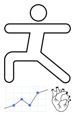 Çizgi grafiği ve anatomik kalbi olan basit bir insan figürü, egzersiz, sağlık eğilimleri ve canlılık anlamına geliyor. Zindelik, sağlık, sağlık, veri, gelişim kardiyo özeti için ideal