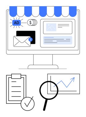 E- posta bildirimli bilgisayar ekranı, reklam, e-ticaret arayüzü, pano, büyütme cam analiz grafiği. Çevrimiçi pazarlama, e-ticaret, analitik, reklam işi stratejisi için ideal