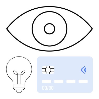 Göz çizgisi bir ampul ve temassız bir ödeme kartıyla eşleştirilmiş. Teknoloji, yenilik, dijital dönüşüm, güvenlik, fintech, gelecek kavramları ve yaratıcı fikirler için idealdir. Soyut çizgi