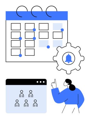 İşaretli olaylar takvimi, dişli bir çan simgesi, takım yönetim arayüzü ve planlayan bir kadın. Program, takım çalışması, teslim tarihleri, verimlilik için idealdir, organizasyon soyut çizgisini anımsatır