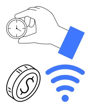 El ele tutuşan saat, dolar para ve kablosuz sinyal zaman yönetimini, finansal değeri ve bağlantıyı simgeliyor. Üretkenlik, verimlilik, fintech ve dijital ekonomi için ideal