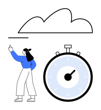 Bulut kronometresi kadın yukarıya bakıyor. Bulut teknolojisi, zaman yönetimi, veri depolama, verimlilik, dijital araçlar, üretkenlik, modern çalışma ortamları için idealdir. Satır metaforu