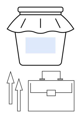 Kumaş kapaklı cam kavanoz, yukarı bakan oklar ve bir evrak çantası. Girişimcilik, gıda endüstrisi, iş büyümesi, girişimcilik, planlama ve piyasa stratejileri için idealdir. Soyut çizgi