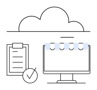 E- ticaret mağazası önü olan bir monitörün üstünde bulut, kontrol listesi olan bir pano ve bir kontrol işareti simgesi. İş, teknoloji, üretkenlik, e-ticaret, bulut çözümleri, görev yönetimi için ideal