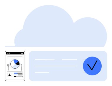 Verileri gösteren akıllı telefonlu mavi bulut, doğrulanmış bilgiyi gösteren mavi işaret. Bulut hesaplama, veri depolama, mobil uygulamalar, veri doğrulama, teknik analizler, dijital