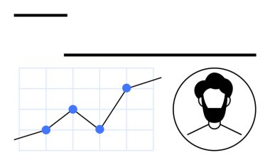 Rising trendline on grid chart with blue data points and user profile icon. Ideal for analytics, performance tracking, business insights, progress, user statistics, marketing, abstract line flat clipart