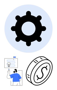 Siyah dişli, üzerinde dolar işareti olan bozuk para, yol haritasında ampul olan biri. İş stratejisi, yenilik, mali planlama, takım çalışması, süreç iyileştirmesi, hedef belirleme ve soyut için ideal