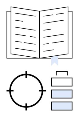 Mavi yer imli, hedef çemberli ve hiyerarşik bar grafikli kitabı aç. Eğitim, bilgi, odaklanma, planlama, organizasyon eğitimi için idealdir. Satır metaforu