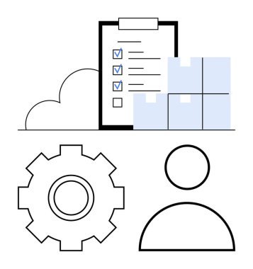 İşaretli görevleri, istiflenmiş kutuları, vites simgesini ve kullanıcı simgesini içeren kontrol listesi verimliliği, organizasyonu ve işlem optimizasyonunu vurguluyor. Lojistik, takım çalışması, yönetim planlaması için ideal
