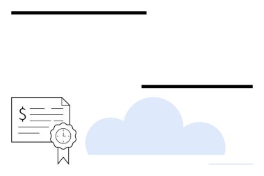 Mavi bulutun yanında sertifika rozeti olan bir mali belge. Temalar için ideal bulut hesaplama, çevrimiçi depolama, güvenlik, finans hizmetleri, veri yönetimi, dijital sertifika