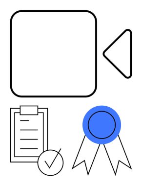 Video kamera simgesi, kontrol listesi ve işaretli pano ve mavi şerit rozeti. Sertifika, eğitim, video içeriği, üretkenlik, hedefler, başarı soyut çizgi düz metaforu için ideal