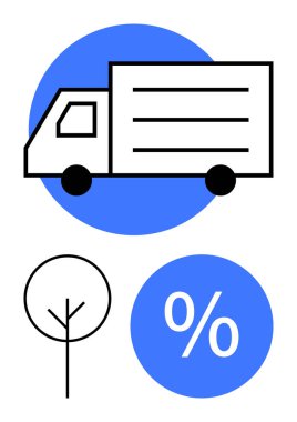 Teslimat kamyonu, yüzde işareti ve ağaç çizimi. Lojistik, çevre dostu taşımacılık, indirimler, iş dünyasında sürdürülebilirlik, ekonomik yük, çevresel etki karbon ayak izi için ideal