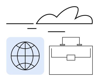 Mavi karede minimalist bir dünya, iş çantası, ve çizgileri olan bulutlar iş, seyahat, fikirler, yenilik, küresel iş, bağlantı teknolojisini çağrıştırıyor. Uzak çalışma soyut satırı için ideal