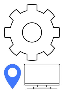 Üst temsil ayarlarında veya yapılandırmasında mavi konum şifresi ve altında bir bilgisayar monitörü olan vites simgesi. Teknoloji temaları, yazılım geliştirme, konum hizmetleri ve kullanıcı için ideal
