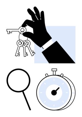 El ele tutuşmak erişimi simgeler kronometre zamanı ölçer, büyüteç incelemeyi gerektirir. Güvenlik, zaman yönetimi, araştırma, sorun çözme, soruşturma, verimlilik, soyut