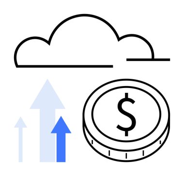 Bulut sembolü, yukarı doğru oklar ve para dijital büyümeyi, finansal başarıyı ve ölçeklenebilir teknolojiyi çağrıştırıyor. Finans, bulut hizmetleri, yenilik ve veri büyütme teknolojileri için ideal yatırım soyut girişimleri