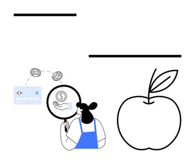 Mavi önlüklü kadın ödeme metodu ve sikkeleri inceliyor. Devasa elma hatlarıyla. Finans, ödeme çözümleri, gıda endüstrisi, ticaret, alışveriş, tarım pazarı analizi için ideal. Soyut