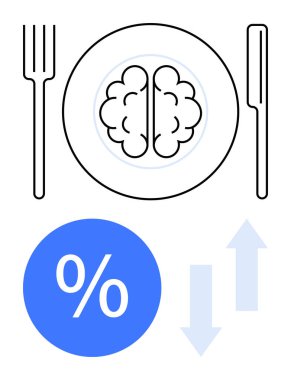 Tabaktaki beyin, çatal, bıçak, yüzde işareti, seçimler için yukarı ve aşağı oklar, kararlar. Zihinsel beslenme, karar verme, entellektüel diyet bilişsel düşünce beyin gıda analizi için idealdir.