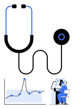 Stetoskop veri grafiği uzmanı bilgisayarda. Sağlık, teknoloji, veri analizi, yenilik, tıbbi araştırma, dijital dönüşüm, teletıp için ideal. Satır metaforu