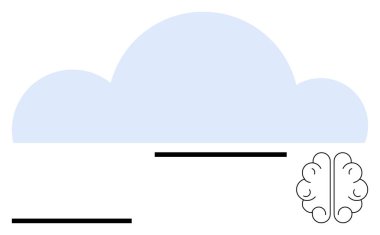Minimalist insan beyni hatları ve yatay çizgileri olan mavi bulut şekli. Yapay zeka, bulut depolama, dijital yenilik, veri teknolojisi, otomasyon, teknoloji hizmetleri, soyut düz metafor için ideal