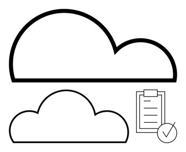 Büyük ve küçük bulut hatları, veri depolama, organizasyon ve görev tamamlanmasını temsil eden bir kontrol listesi ve işaretle eşleştirilmiştir. Teknoloji, üretkenlik, başarı, organizasyon, dosya için ideal