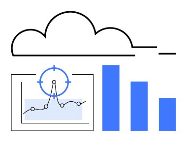 Bulut simgesi, hedef noktalı analiz grafiği ve mavi çizelge. Teknoloji, veri analizi, iş stratejisi, bilişim çözümleri, büyüme yönetimi, hedefler soyut çizgiyi izlemek için ideal