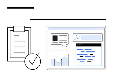 Grafikler, arama çubuğu ve metin modülleri içeren bir web arayüzünün yanında kontrol listesi ve işaretli pano. Üretkenlik, organizasyon, iş akışı, veri analizi, dijital çözümler için ideal