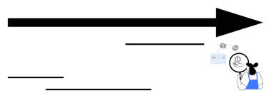 Sağı gösteren büyük siyah ok, büyüteçle mali verileri ve paraları inceleyen kişi. Ticari büyüme, analiz, strateji, hedefler, planlama, finansal içgörü, hedef alma için ideal
