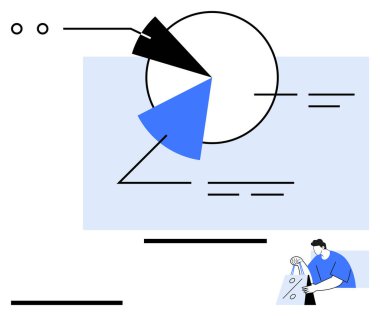 Pie chart with data annotations, minimalistic shapes, person with a shopping bag in the corner. Ideal for data analytics, business reports, retail analysis, consumer behavior, presentation slides clipart