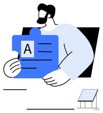 Yapboz şeklinde bir kart sunan kişi. Yakınlarda, güneş paneli sürdürülebilirliği sembolize eder. Yenilik, eğitim, kurumsal kimlik, takım çalışması, yeşil enerji, soyut markalaşma için ideal