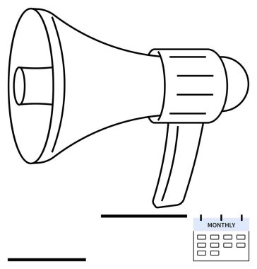 Takvimi olan megafon tekrarlanan terfiler ya da planlanmış duyurular öneriyor. Reklam, planlama, iletişim, pazarlama stratejisi, etkinlik planlaması, organizasyon, soyut çizgi için ideal