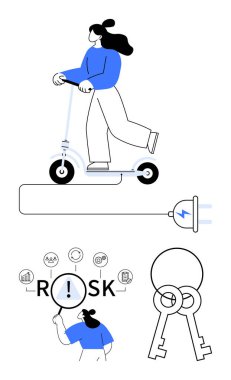 Bağlantı için prizi, soyut risk analiz unsurları ve erişim için anahtar illüstrasyonu olan elektrikli scooter kullanan kadın. Güvenlik, e-hareketlilik, teknoloji, karar verme, problem çözme için ideal
