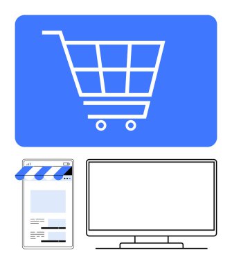 Mavi arka planda alışveriş arabası simgesi, akıllı telefon ekranında mağaza önü ve bilgisayar monitörü. E-ticaret, çevrimiçi alışveriş, dijital perakende, mobil ticaret, web tasarımı, dijital pazarlama için ideal