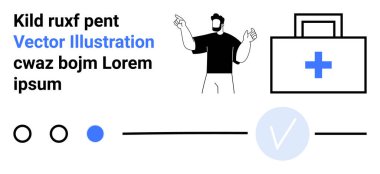Elinde ilk yardım çantasıyla yukarı bakan bir adam, işaretli bir kutucuk, mesaj blokları. Sağlık maddeleri, tıbbi talimatlar, sağlık siteleri, eğitim içeriği, ilk yardım rehberleri, çevrimiçi için ideal