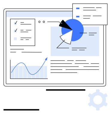 Pasta grafiği, çizgi grafiği, kontrol listesi ve metin elemanlarını içeren etkileşimli bir panel. Analiz, iş planlaması, pazarlama anlayışları, raporlama, UIUX soyut çizgisi düz metaforu araştırmak için ideal