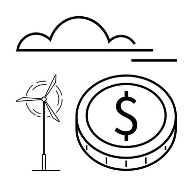 Rüzgar türbini, dönen bıçaklar ve stilize bir bulutun altında yüklü bir para. Sürdürülebilir enerji, yeşil yatırımlar, ekolojik yenilikler, maliyet tasarrufu, temiz teknoloji, yenilenebilir kaynaklar için ideal