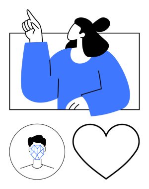 Yukarıya bakan kadın, aşağıdaki yüz tanıma simgesi ve yanındaki kalp şekli. Yapay zeka, biyometri, bağlantı, tanımlama, analiz, sağlık teknolojisi temaları için ideal soyut çizgi