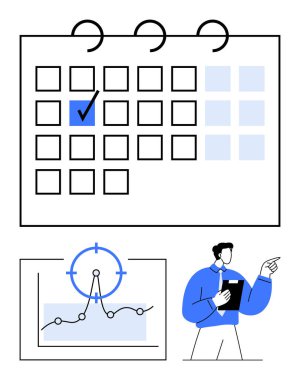 İşaretli takvim günü, yönetici hedeflere, trend grafiğine, analitik araçlara işaret ediyor. Planlama, planlama, hedefler, organizasyon verimlilik stratejisi analizi için ideal. Soyut çizgi düz metafor