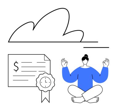 Yoga pratisyeni meditasyon, bulut hesaplama ikonu ve kurdeleli mali sertifika. Rahatlama, finansal planlama, teknoloji entegrasyonu, iş-yaşam dengesi, farkındalık için ideal
